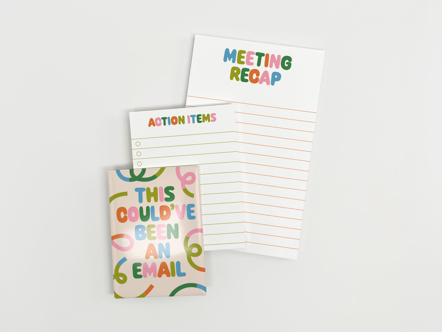 Funny coworker gift bundle with a "This Could've Been an Email" magnet, Meeting Recap notepad, and Action Items checklist notepad on a white background.