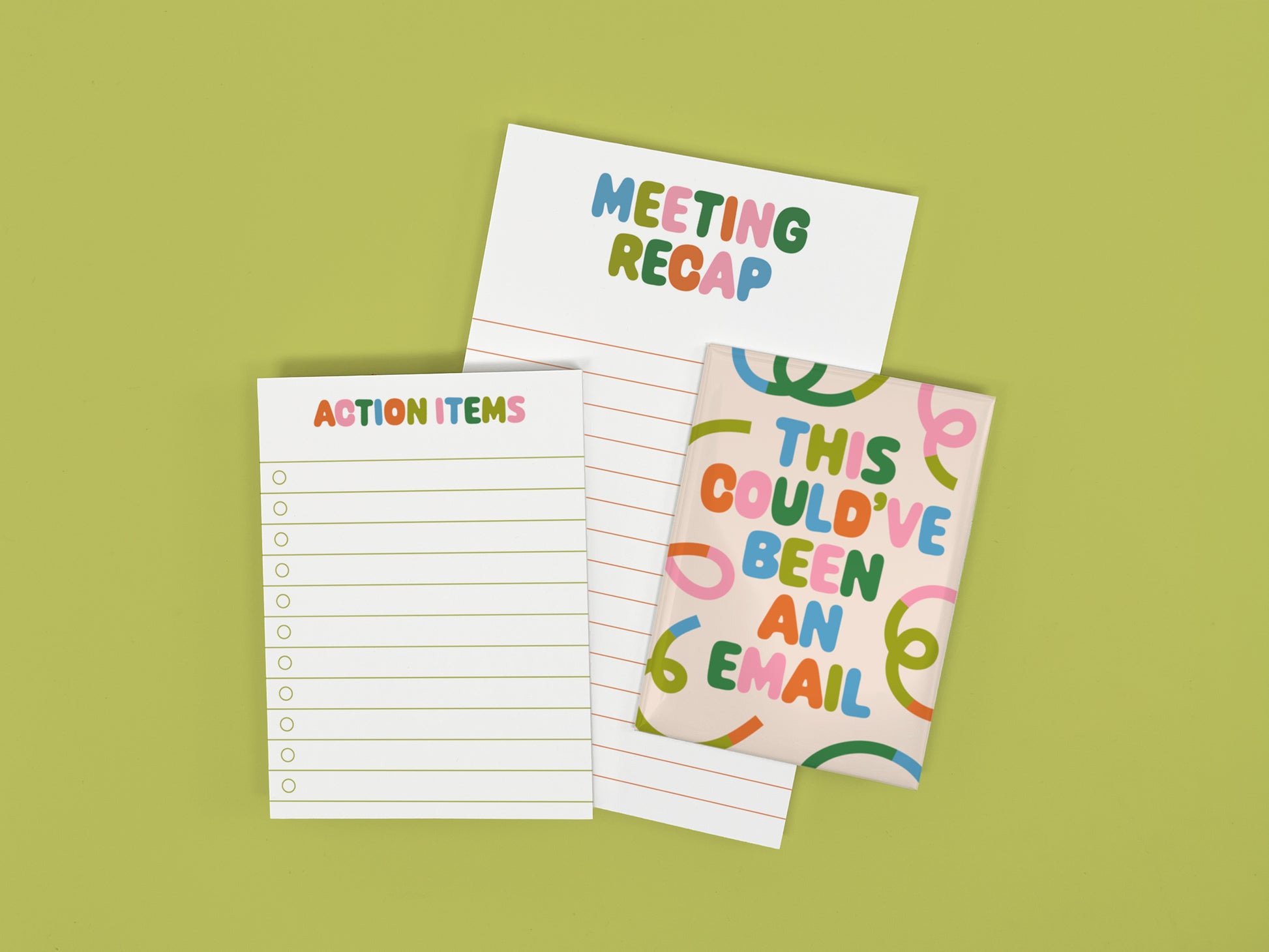 Funny coworker gift bundle featuring a "This Could've Been an Email" magnet, Meeting Recap notepad, and Action Items mini notepad on a green background.