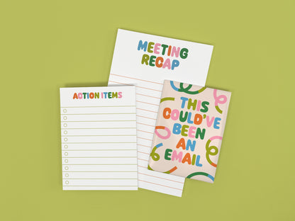 Funny coworker gift bundle featuring a "This Could've Been an Email" magnet, Meeting Recap notepad, and Action Items mini notepad on a green background.