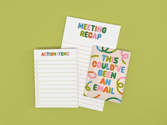 Funny coworker gift bundle featuring a "This Could've Been an Email" magnet, Meeting Recap notepad, and Action Items mini notepad on a green background.
