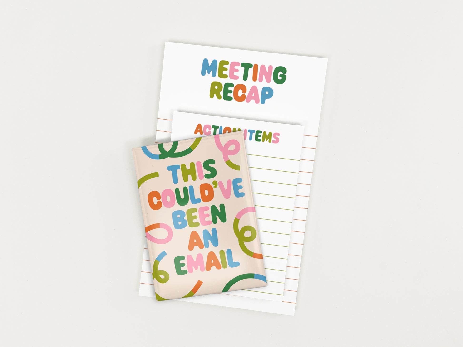 Funny coworker gift bundle featuring a "This Could've Been an Email" magnet, Meeting Recap notepad, and Action Items checklist notepad on a white background.