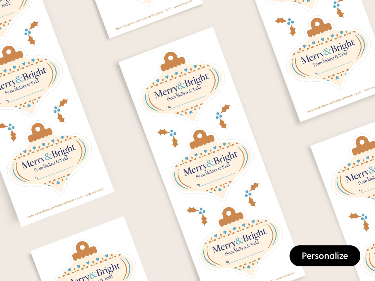 Die-cut gift labels printed on vertical sheets of sticker paper.