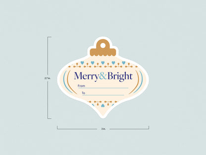 Sizing dimensions for Merry & Bright, ivory, blue, and gold holiday ornament gift labels.