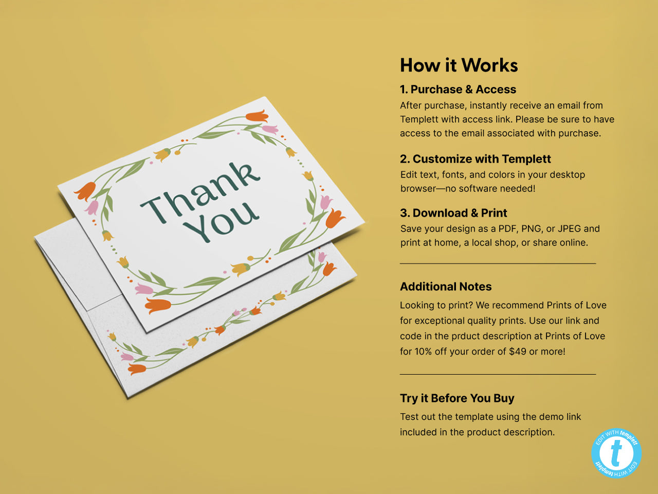 Customizable modern floral thank you card template displayed with matching envelope design. Includes step by step instructions for purchase, customization via Templett, and printing. Additional notes highlight a demo link to try the template.