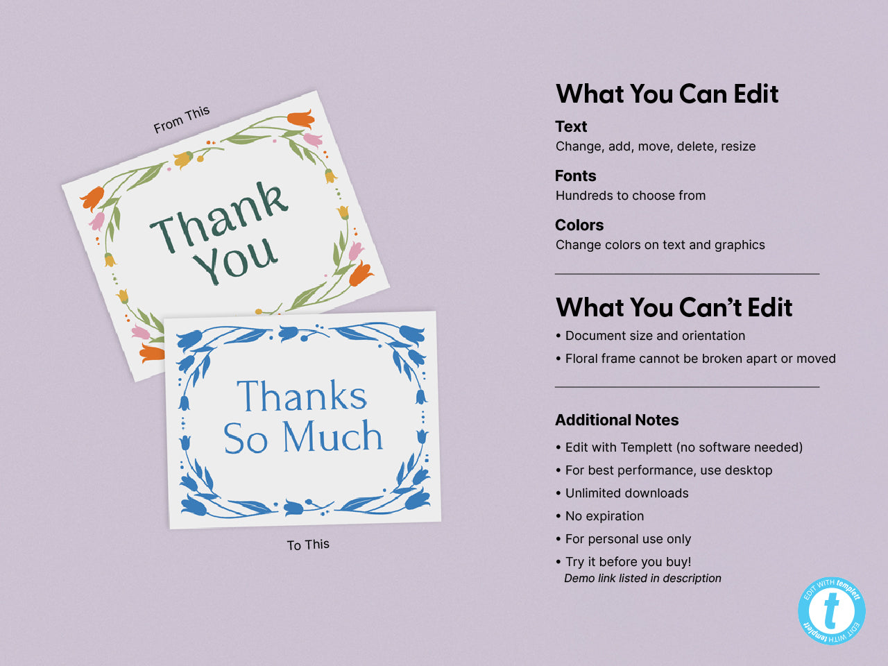 Two floral thank you card templates shown side by side. The first design features green and orange floral accents and the second is a blue botanical design. Instructions outline editable features such as text, fonts, and color.