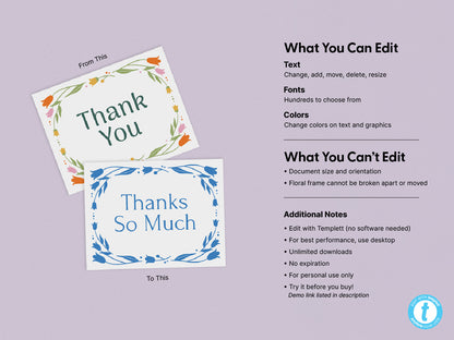 Two floral thank you card templates shown side by side. The first design features green and orange floral accents and the second is a blue botanical design. Instructions outline editable features such as text, fonts, and color.