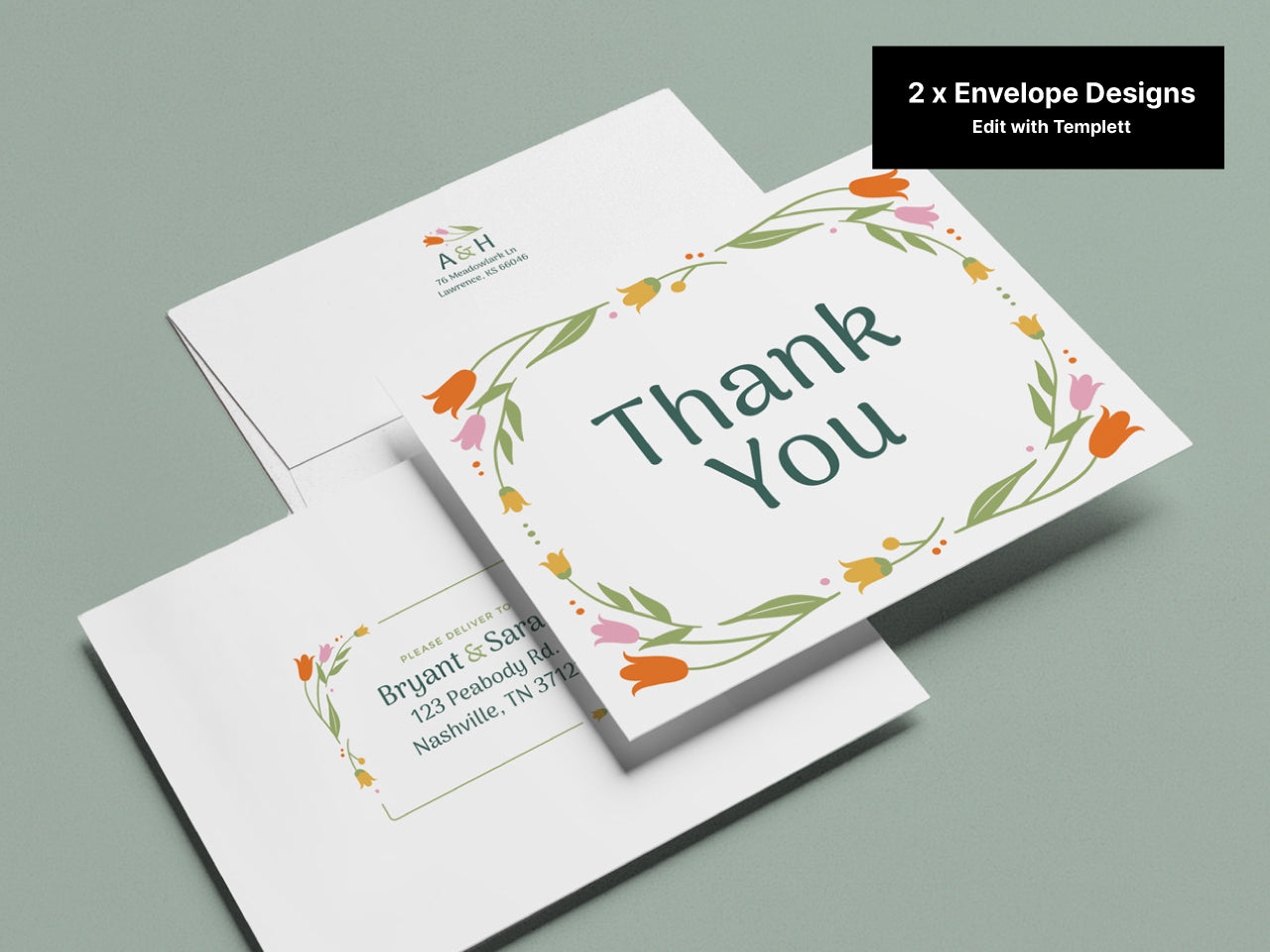 Customizable modern floral thank you card and envelope set displayed on a green background. Includes a folded card with orange and pink floral accents and matching envelope designs. Editable recipient and return address templates are highlighted.