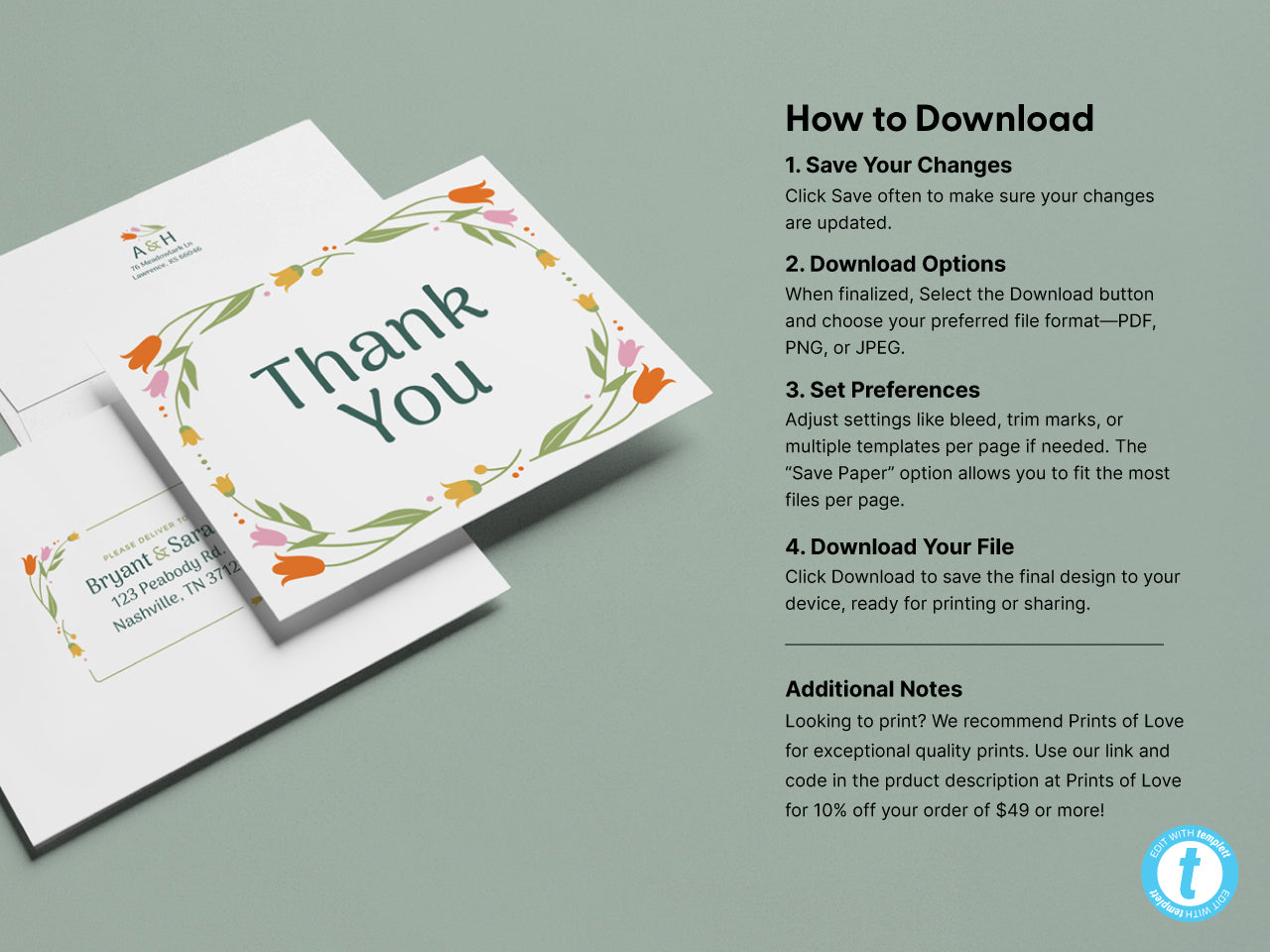 Modern floral thank you card with customizable text, featuring a minimalist green and orange floral design. The image includes instructions for downloading and editing the digital template. Perfect for weddings, showers, or other special occasions.