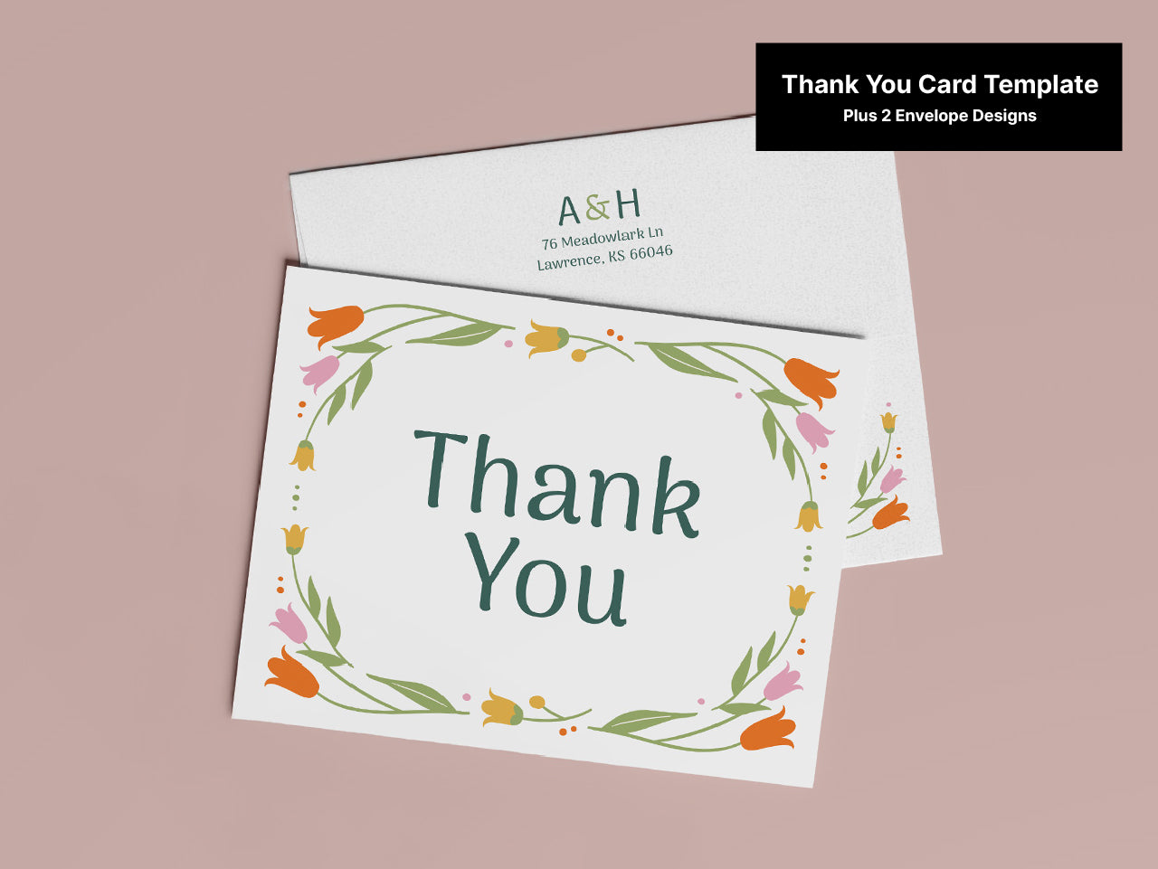 Modern floral thank you card with customizable text displayed alongside a matching envelope on a blush pink background. Includes orange, green, and yellow floral accents with a minimalist design.