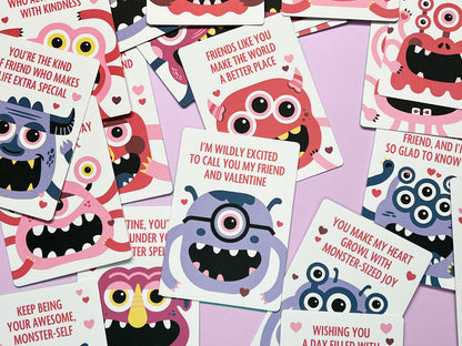 A colorful assortment of monster-themed Valentine's Day cards featuring playful designs of cute, whimsical monsters with heart accents. Each card includes fun, kid-friendly messages. Perfect for class, this set of 24 cards is ideal for Valentines.