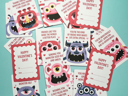 Variety of colorful monster-themed Valentine's Day cards spread out featuring playful monster illustrations with cheerful expressions, paired with fun Valentine messages. A few cards are flipped the back and include blank spaces for To and From.