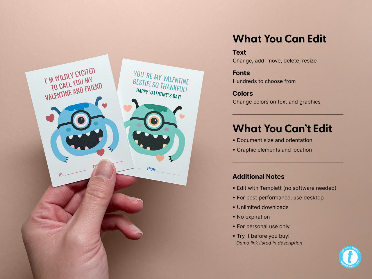 Two monster-themed Valentine cards with editable features. Both cards include customizable To and From fields. Beside the cards, text lists what you can edit with the template like text, fonts, and colors, as well as limitations.