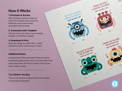 A How It Works guide alongside a printable sheet of monster-themed Valentine cards. The guide outlines steps for accessing the template via Templett, editing text and colors, and downloading the designs. The printable sheet features four card designs