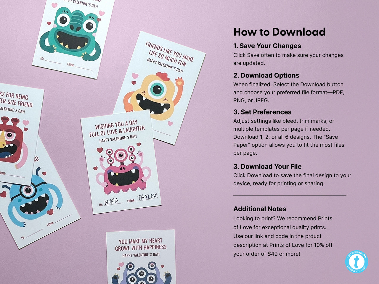 A guide on How to Download the printable alongside six monster-themed Valentine cards. The guide explains how to save changes, select download options, set preferences like bleed and trim marks, and download the final design.