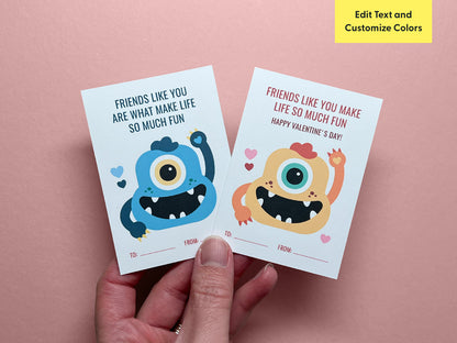 Two monster-themed Valentine cards are shown side by side. The left card features a blue monster with dark blue text. The right card features an orange monster illustration. Both cards are examples of what could be customized for this template.