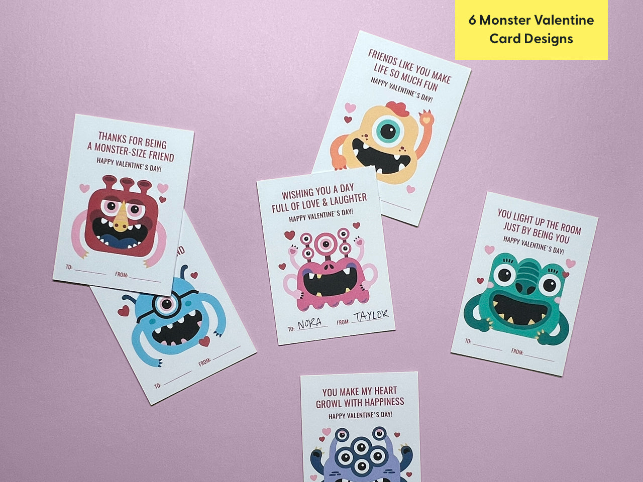 A close-up of a cute, monster-themed Valentine card with red and pink text. The customizable printable features a teal monster illustration and heart accents. Additional cards with various designs are displayed in the background.