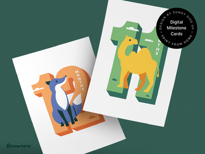 Two printable monthly milestone cards featuring a  blue fox design for 12 months and a yellow camel design for 11 months. Displayed on a dark green background emphasizing the set of milestone cards are in digital and print from home format.