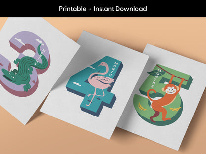 Three printable milestone cards from a set of 12 featuring an alligator for 3 months, flamingo for 4 months, and monkey for 5 months. Arranged on a beige background, emphasizing that this set of animal themed milestone cards a digital download.