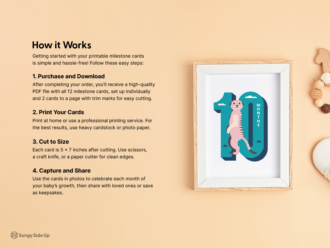 A How It Works guide for printable monthly milestone cards from Sungy Side Up. The guide is displayed with a framed milestone card featuring a meerkat illustration. Steps include printing, cutting, and using the cards for photos or keepsakes.