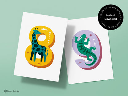 Two printable milestone cards featuring vibrant animal illustrations of a giraffe for 8 months and a lizard for 9 months. The cards are arranged on a light green background with a label highlighting the digital download and print from home format.