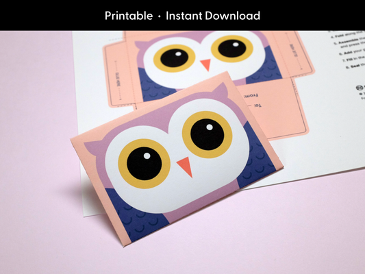 Printable owl gift card holder for graduation or teacher appreciation featuring a cute cartoon owl in purple and peach. Finished DIY card is displayed in front of a flat template sheet printed on 8.5 x 11 inch paper. Ideal digital download for parents, teachers, and kids looking for a quick and easy gift card presentation. Perfect for home printing and classroom celebrations.
