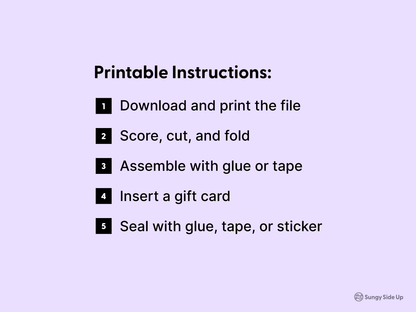 Step-by-step printable instructions for assembling a digital owl-themed gift card holder. Instructions include downloading, printing, cutting, folding, gluing, and sealing. Optimized for DIY crafters, teachers, and parents looking for a fun and easy at-home project. Great support image for promoting printable gift card templates on Shopify and Google.