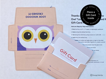 Printable owl gift card holder template displayed with a sample gift card partially inserted. This DIY digital download includes a flat template sheet and printed instructions for crafting a cute envelope featuring a purple and peach cartoon owl. Ideal for parents, teachers, or crafters looking for a simple and creative way to present gift cards for graduations, appreciation gifts, or school milestones.