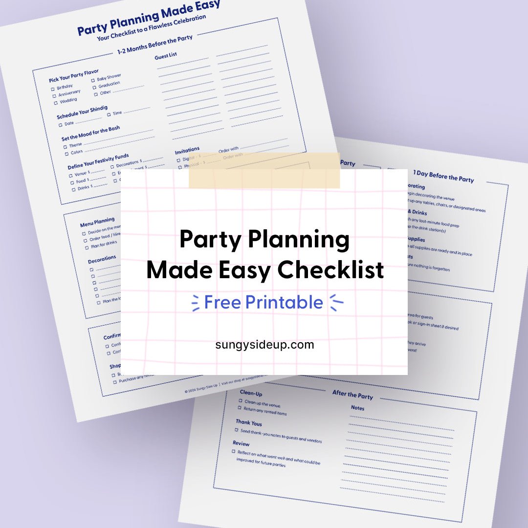 Free printable Party Planning Made Easy Checklist with sections covering themes, guest list, menu, and decorations.