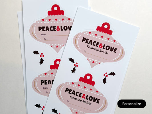 Personalizable pink and red holiday ornament gift labels.