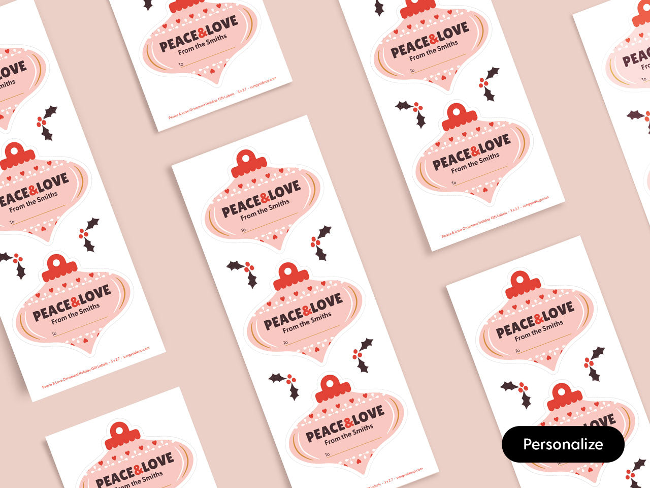 Multiple sticker sheets of pink and red holiday ornament gift labels.