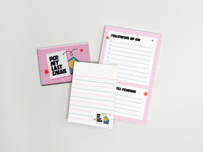 Funny coworker gift bundle featuring a "Per My Last Email" magnet, lined notepad, and "Following Up On" checklist pad for office organization and desk accessories.