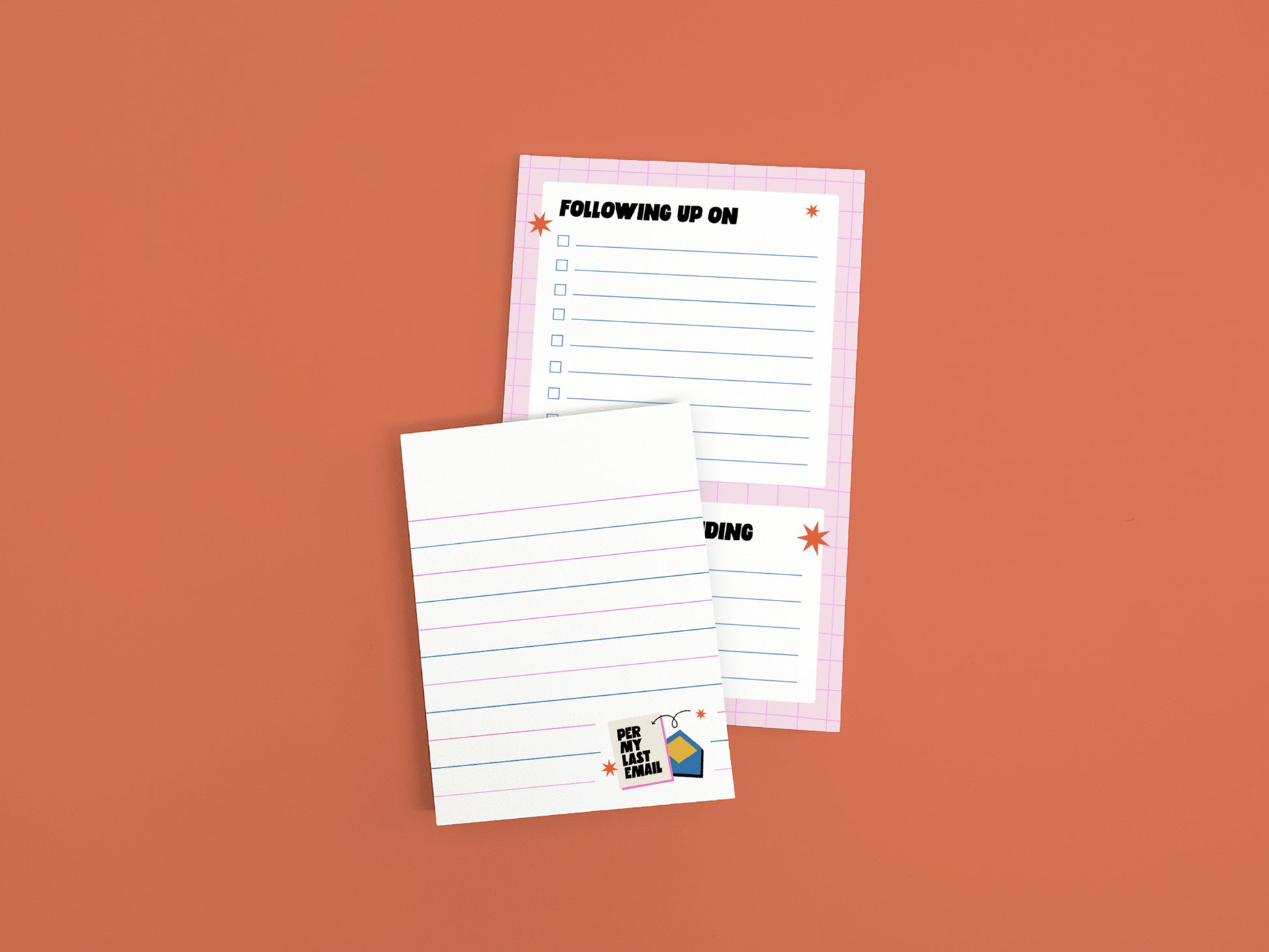 Funny office notepad set featuring a "Following Up On" checklist pad and lined notepad with pink grid design, perfect for coworker gifts and desk organization.