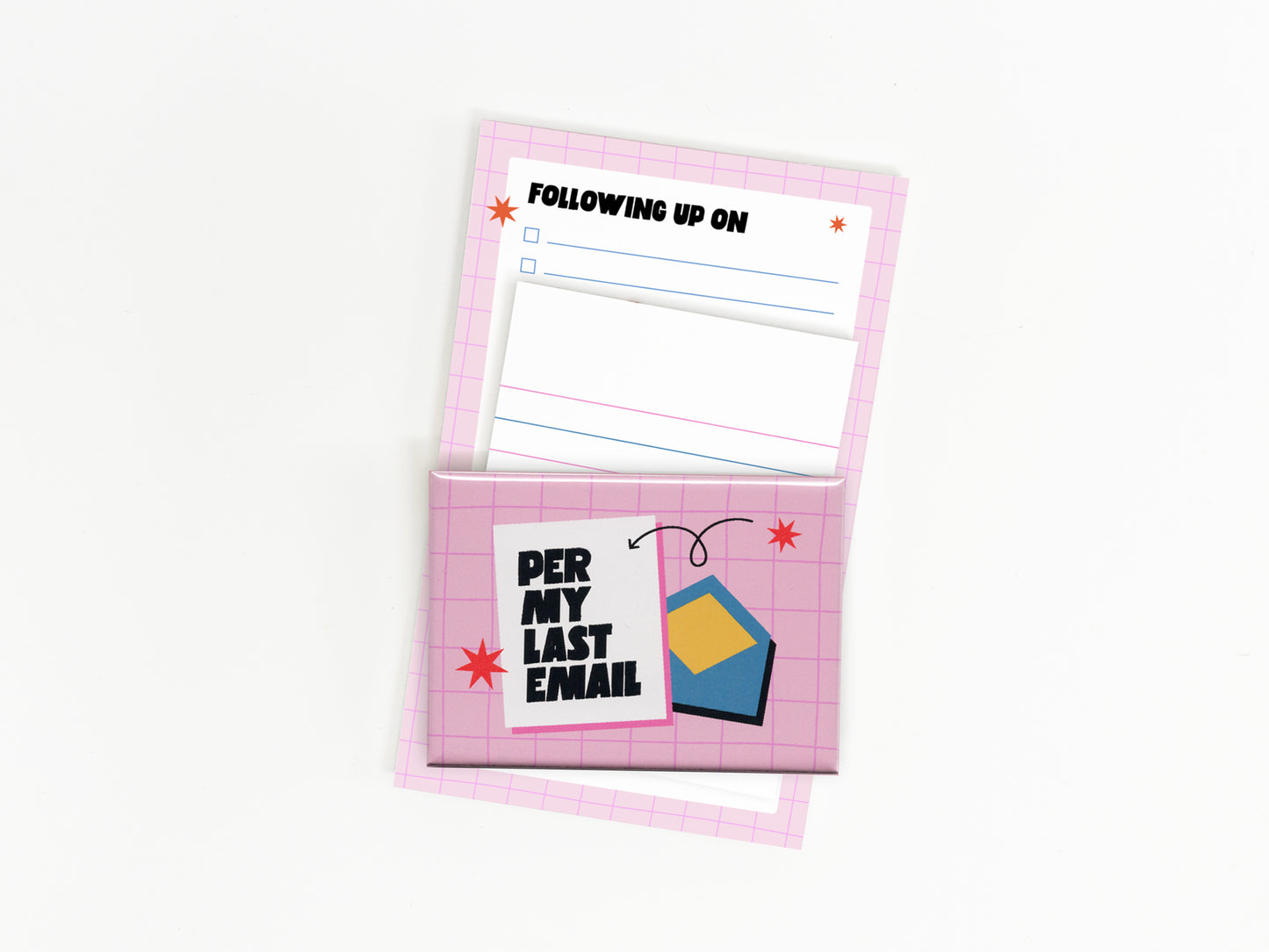 Funny coworker gift bundle featuring a "Per My Last Email" magnet with matching lined and checklist notepads for office organization and desk accessories.