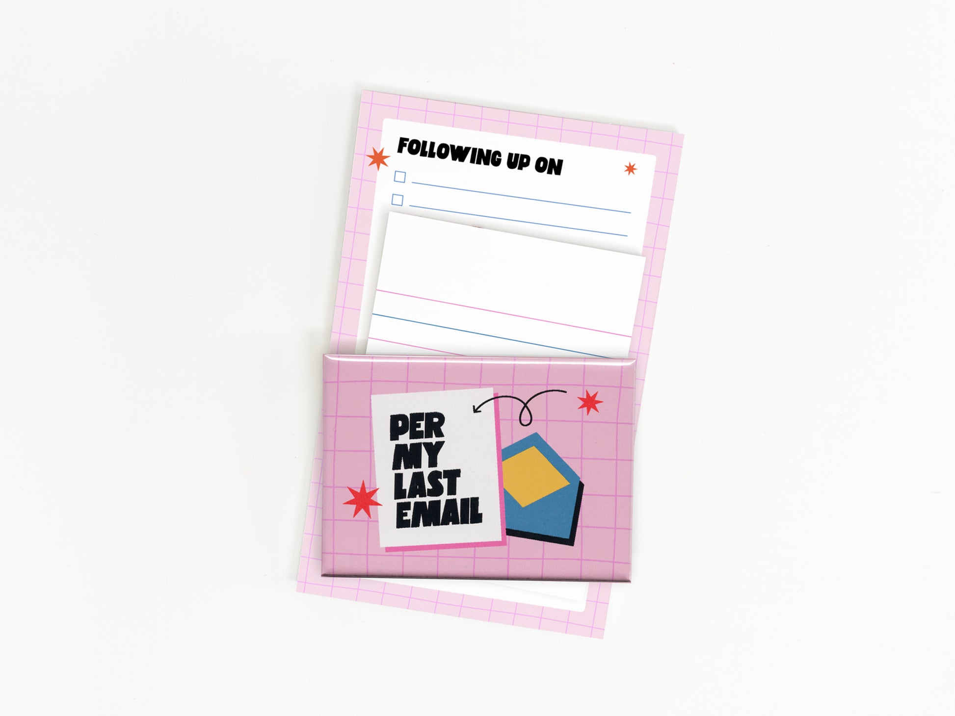 Funny coworker gift bundle featuring a "Per My Last Email" magnet with matching lined and checklist notepads for office organization and desk accessories.