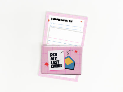 Funny coworker gift bundle featuring a "Per My Last Email" magnet with matching lined and checklist notepads for office organization and desk accessories.