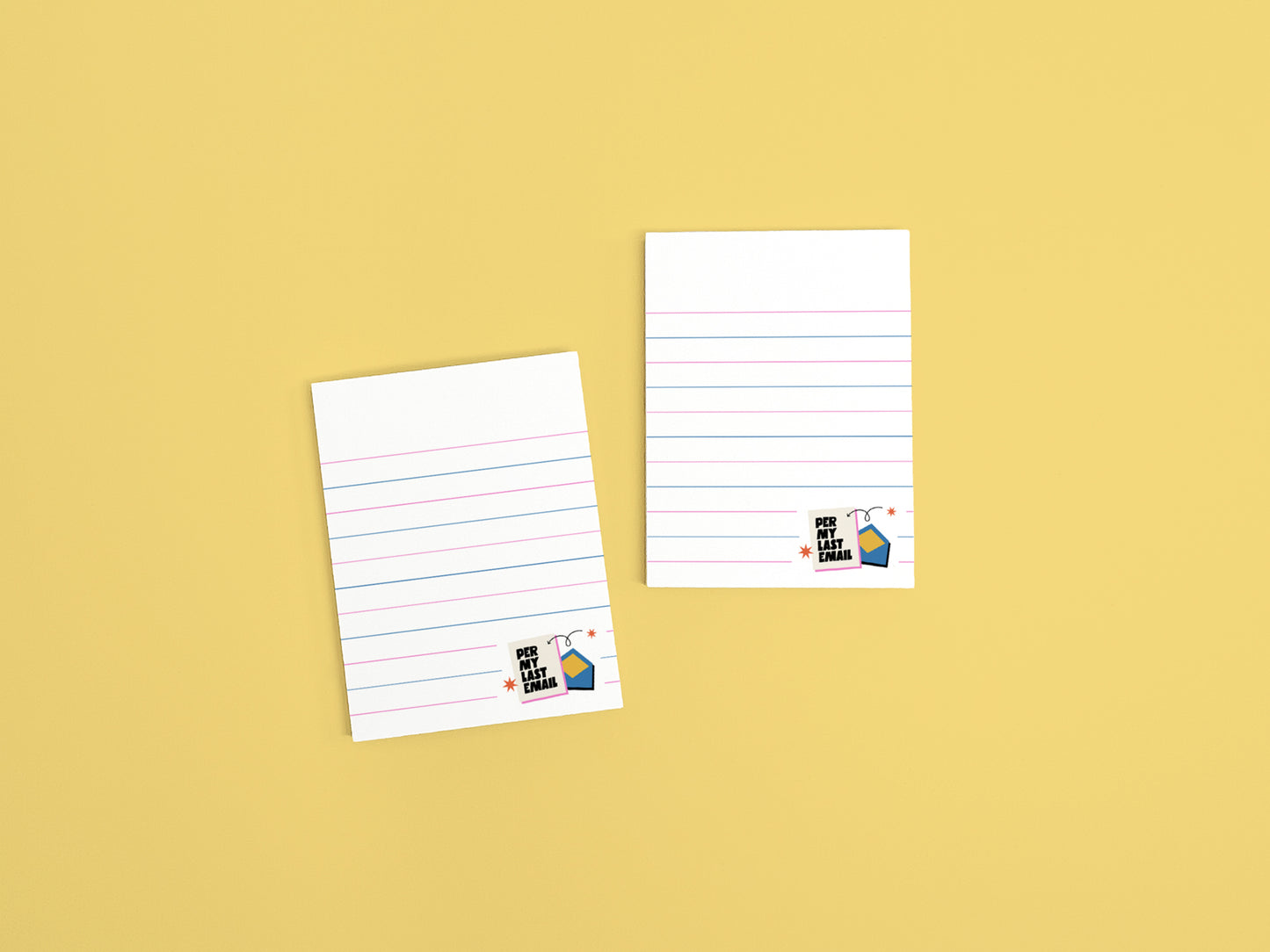 Two "Per My Last Email" 3x4 mini lined notepads with 50 tear-off sheets on a yellow background, funny office stationery for coworkers.