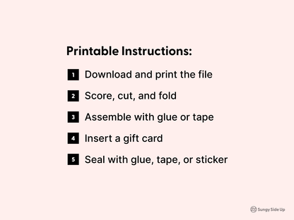 Printable pig gift card holder assembly instructions with numbered steps on a light pink background. The instructions explain how to download, print, cut, score, fold, assemble, and seal the gift card holder. This printable pig-themed envelope is a DIY instant download, ideal for birthdays, animal lovers, and party favors.