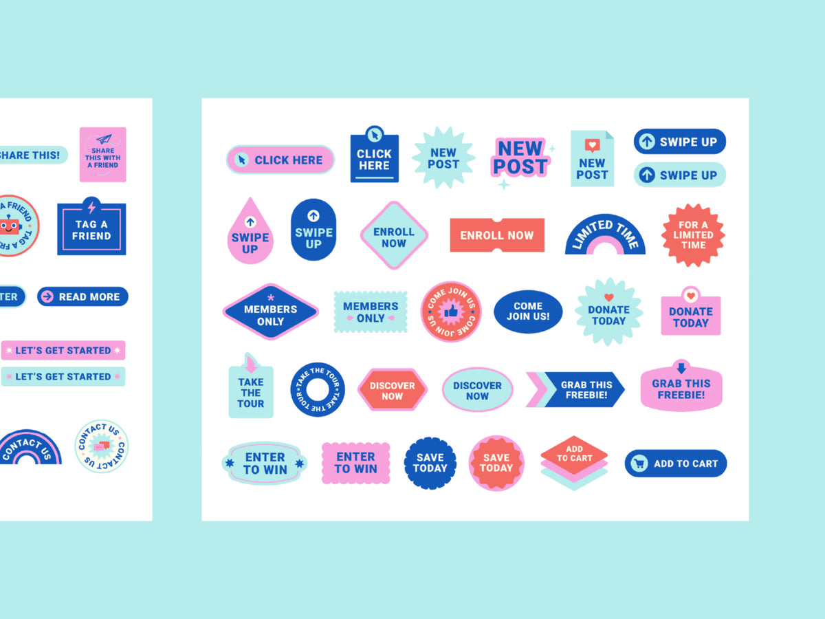 A set of colorful digital call to action stickers displayed on a light blue background, featuring various shapes and text like 'NEW POST', 'SWIPE UP', 'ENROLL NOW', and 'DONATE TODAY'.