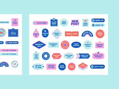 A set of colorful digital call to action stickers displayed on a light blue background, featuring various shapes and text like 'NEW POST', 'SWIPE UP', 'ENROLL NOW', and 'DONATE TODAY'.
