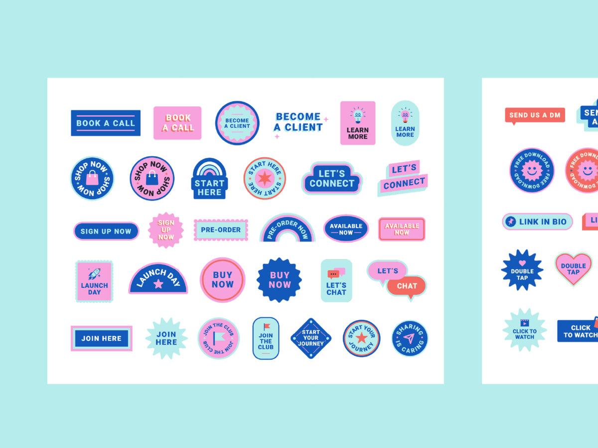 Colorful digital call to action stickers  on a light blue background. The digital stickers feature various shapes, sizes, and text elements in shades of pink, purple, blue, and white, designed for marketing and customer engagement.
