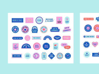 Colorful digital call to action stickers  on a light blue background. The digital stickers feature various shapes, sizes, and text elements in shades of pink, purple, blue, and white, designed for marketing and customer engagement.