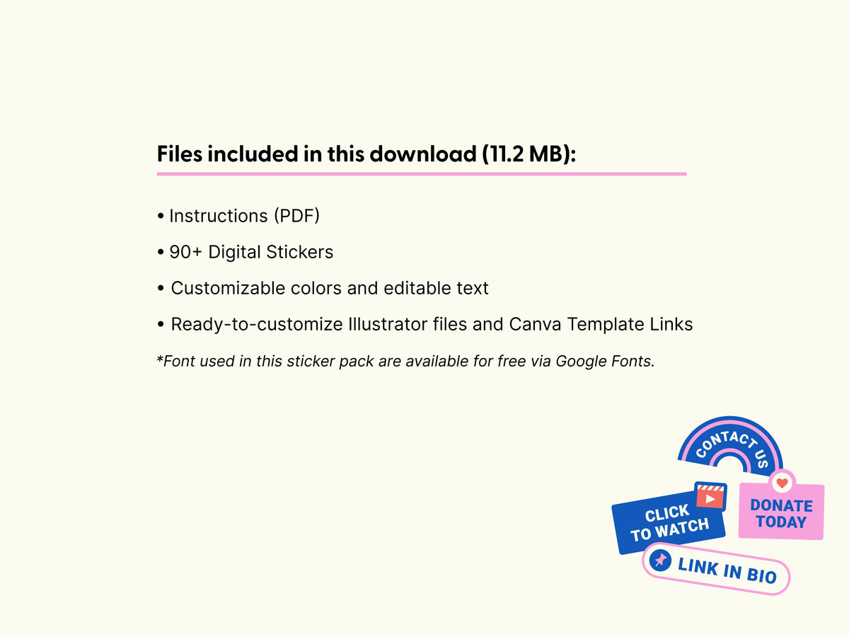 A digital product listing slide with a cream background, titled 'Files included in this download (11.2 MB):' listing PDF instructions, 90+ digital stickers, customizable colors, and editable text.