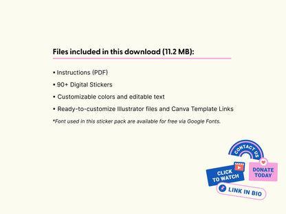 A digital product listing slide with a cream background, titled 'Files included in this download (11.2 MB):' listing PDF instructions, 90+ digital stickers, customizable colors, and editable text.