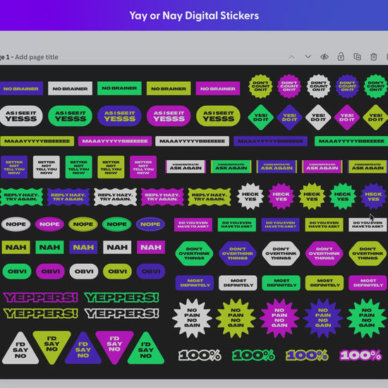 Yay or Nay Digital Sticker pack showing the entire collection and how the colors can be customized and text editable.