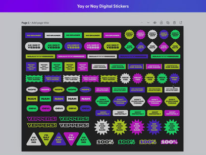 Yay or Nay Digital Sticker pack showing the entire collection and how the colors can be customized and text editable.