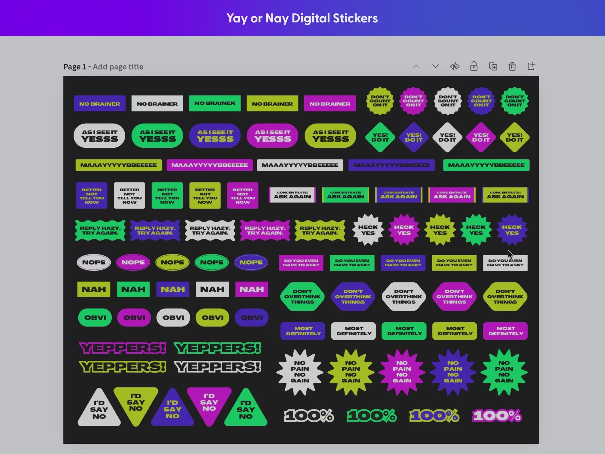 Yay or Nay Digital Sticker pack showing the entire collection and how the colors can be customized and text editable.