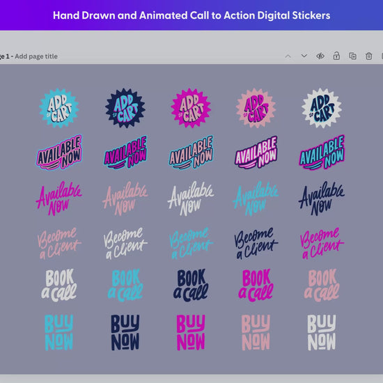 Digital sticker pack includes 60 hand-lettered graphics that include subtle animated GIFs. Customize colors with SVG files and scale to any size without losing resolution.