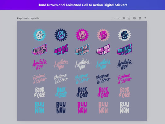 Digital sticker pack includes 60 hand-lettered graphics that include subtle animated GIFs. Customize colors with SVG files and scale to any size without losing resolution.