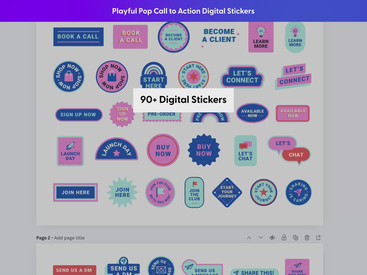 Digital call to action stickers that be customized and scaled to any size with Illustrator and Canva.