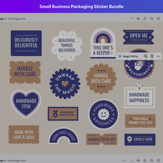 Sall Business Packaging Sticker Bundle includes four color combinations with the ability to customize colors, edit text, and scale without losing resolution.